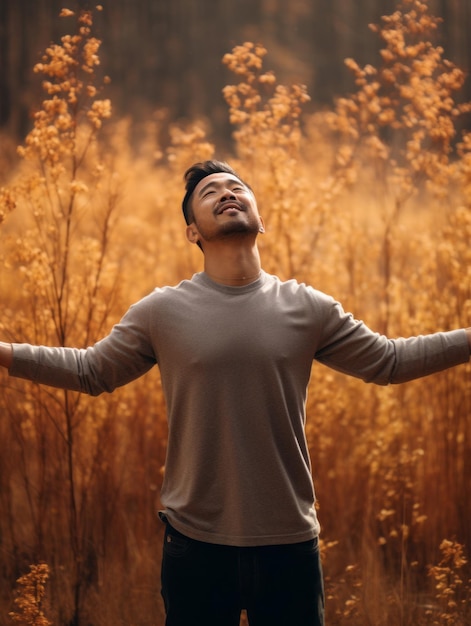 foto de pose dinámica emocional hombre asiático en otoño