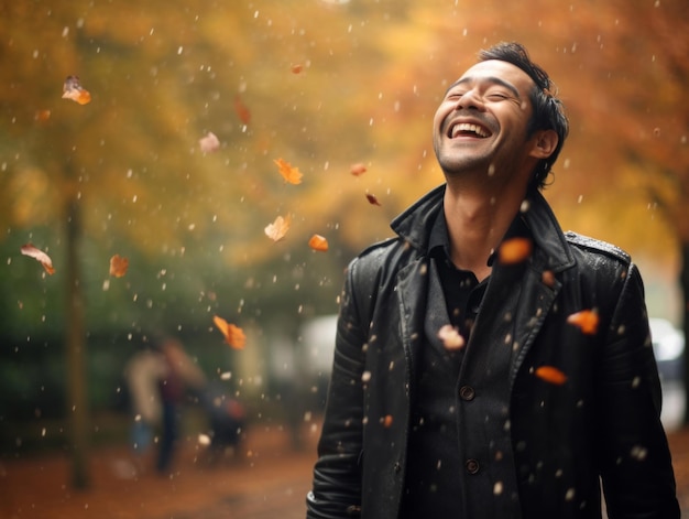 foto de pose dinámica emocional hombre asiático en otoño