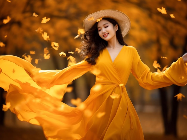 foto de pose dinámica emocional mujer asiática en otoño