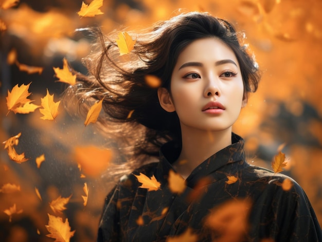 foto de pose dinámica emocional mujer asiática en otoño