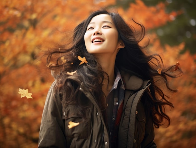 foto de pose dinámica emocional mujer asiática en otoño