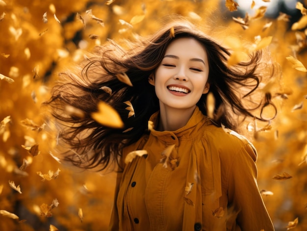 foto de pose dinámica emocional mujer asiática en otoño