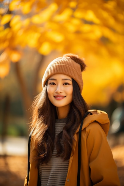 foto de pose dinámica emocional mujer asiática en otoño