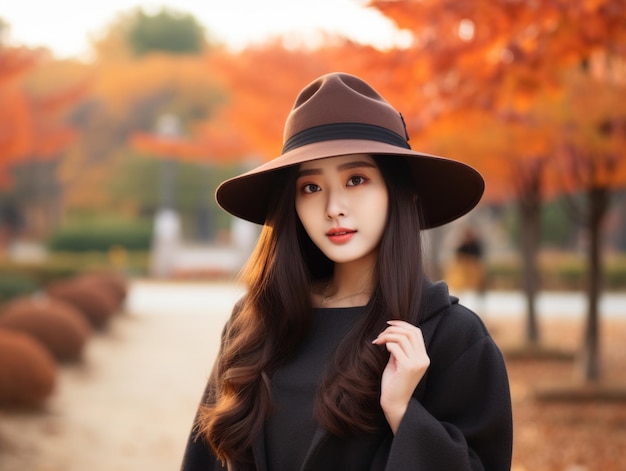 foto de pose dinámica emocional mujer asiática en otoño