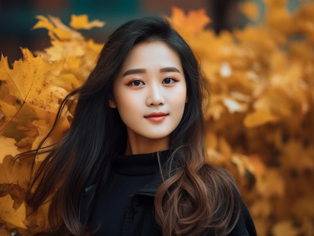 foto de pose dinámica emocional mujer asiática en otoño