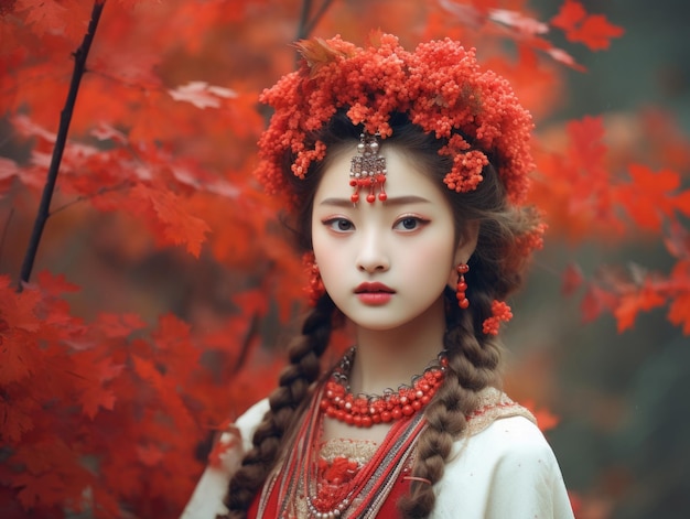 foto de pose dinámica emocional mujer asiática en otoño