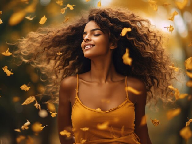 foto de pose dinámica emocional mujer brasileña en otoño