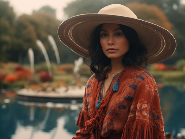 Foto de pose dinámica emocional mujer mexicana en otoño