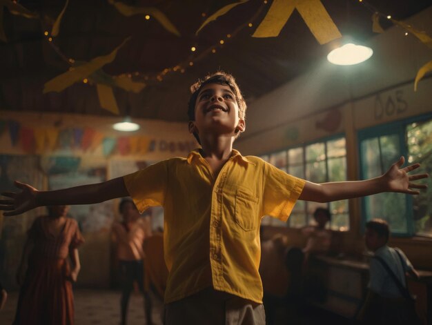 Foto de pose dinámica emocional niño brasileño en la escuela