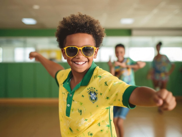 Foto de pose dinámica emocional niño brasileño en la escuela