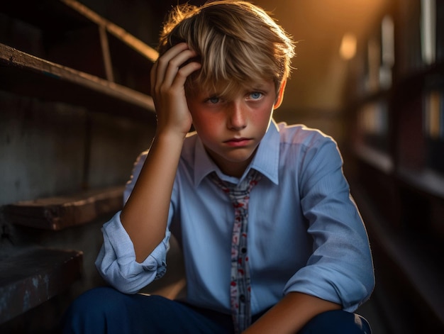 foto de pose dinámica emocional niño europeo en la escuela