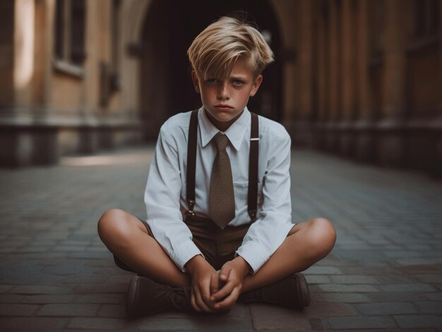 foto de pose dinámica emocional niño europeo en la escuela