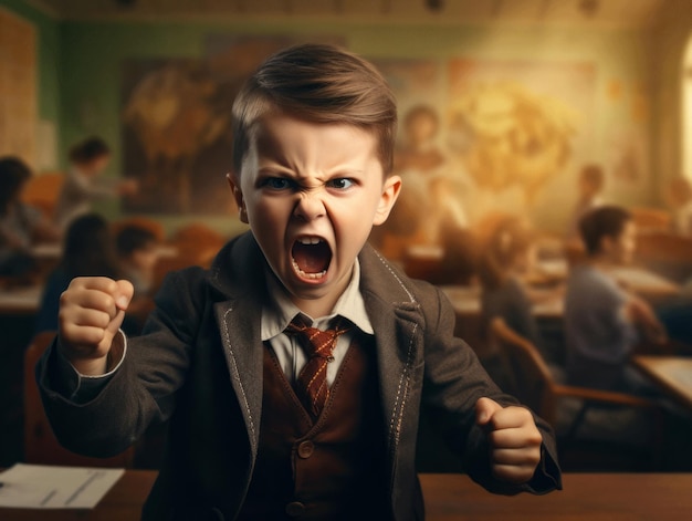 foto de pose dinámica emocional niño europeo en la escuela