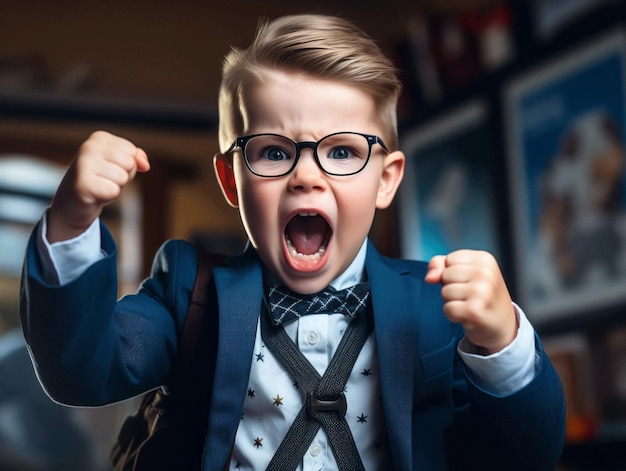 foto de pose dinámica emocional niño europeo en la escuela