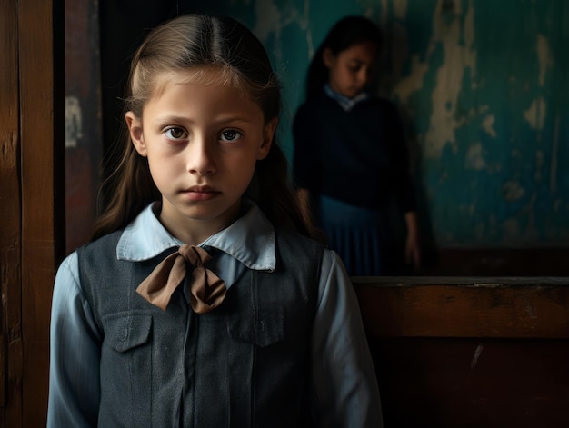 foto de pose dinámica emocional niño mexicano en la escuela