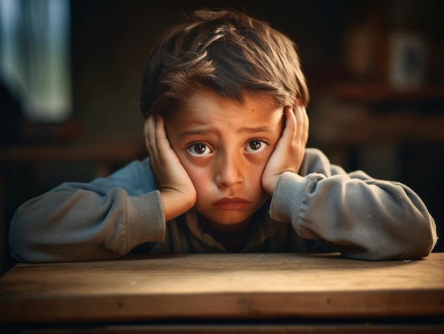 foto de pose dinámica emocional niño mexicano en la escuela