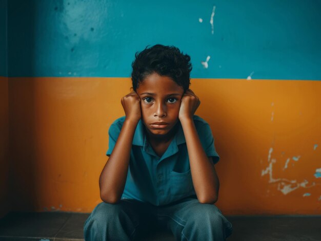 foto de pose dinámica emocional niño mexicano en la escuela