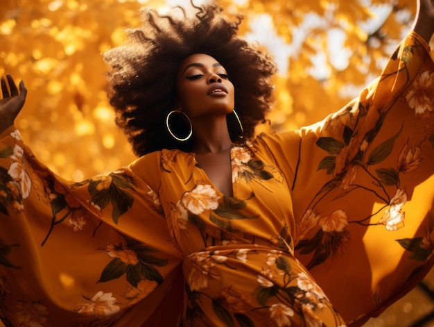 foto de una pose emocional dinámica de una mujer africana en otoño