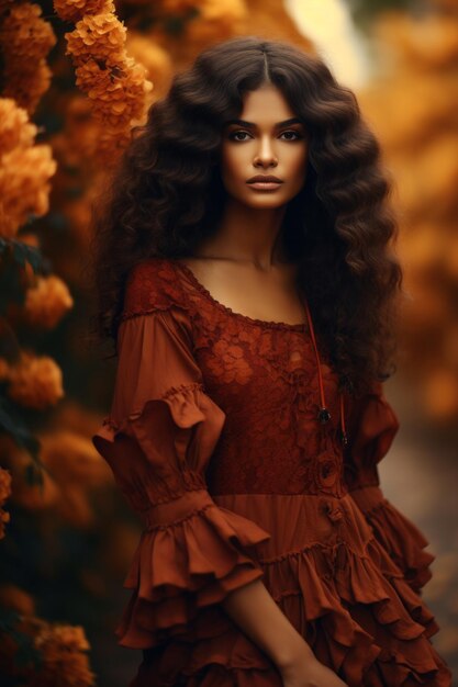 foto de una pose emocional dinámica de una mujer brasileña en otoño