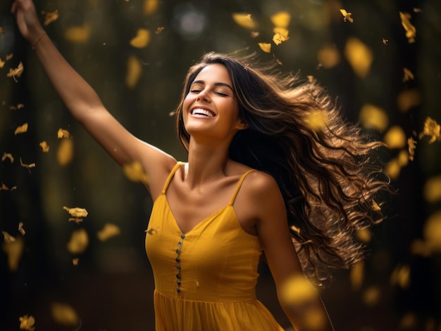 foto de una pose emocional dinámica de una mujer brasileña en otoño