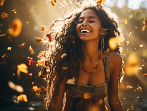 foto de una pose emocional dinámica de una mujer brasileña en otoño