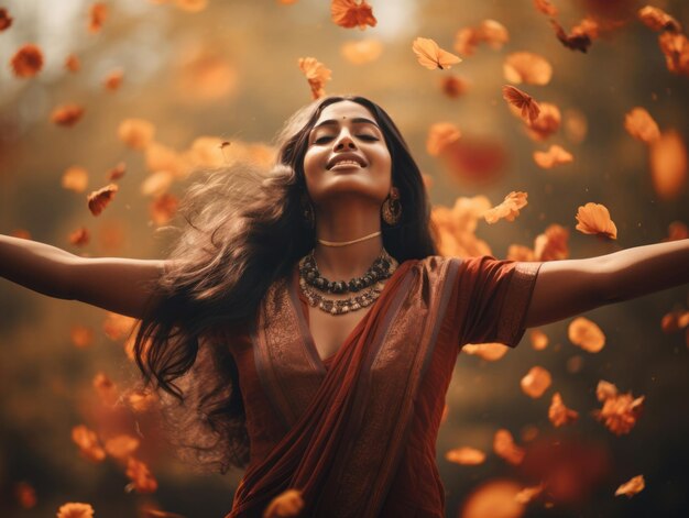 foto de una pose emocional dinámica de una mujer india en fondo de otoño