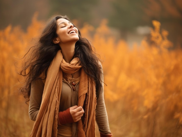 foto de una pose emocional dinámica de una mujer india en fondo de otoño