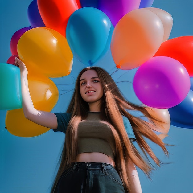 Foto foto positiva chica millennial de cabello largo escucha su música favorita sostiene un montón de globos inflados