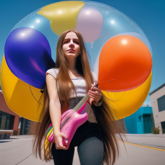 Foto foto positiva chica millennial de cabello largo escucha su música favorita sostiene un montón de globos inflados