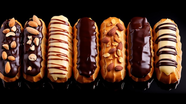 Foto foto de postre de eclairs en el plato con decoraciones superiores