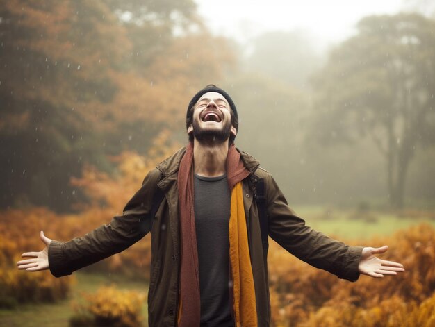 foto de una postura emocional dinámica hombre brasileño en otoño