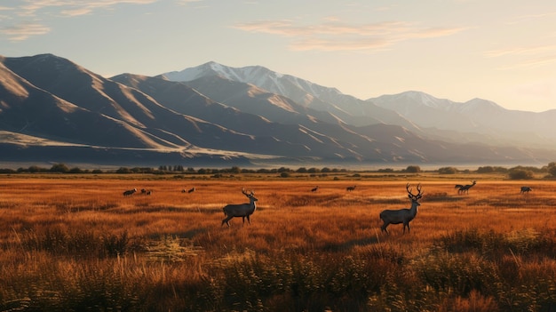 Una foto de una pradera con ciervos pastando montañas lejanas