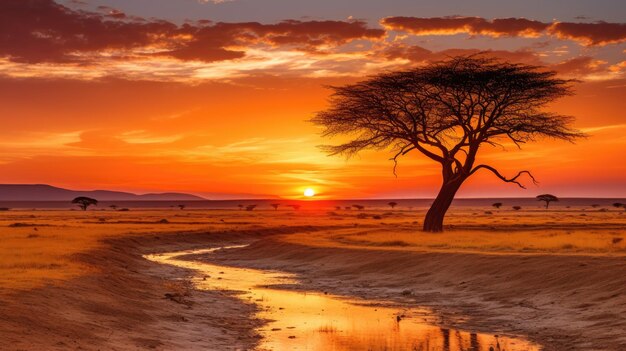 Una foto de una pradera de sabana con árboles de acacia puesta de sol dorada