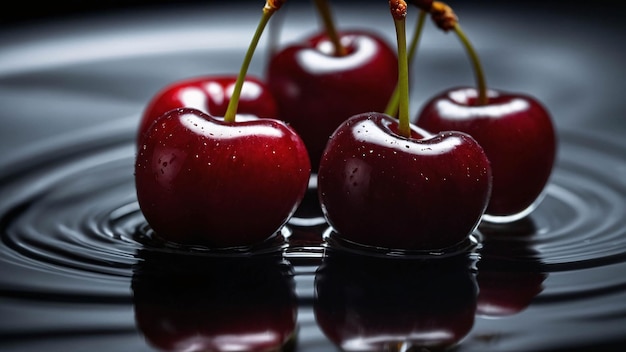 Foto foto premium reife rote kirschfrucht mit frischem wasser spritzen hintergrund werbung vorlage