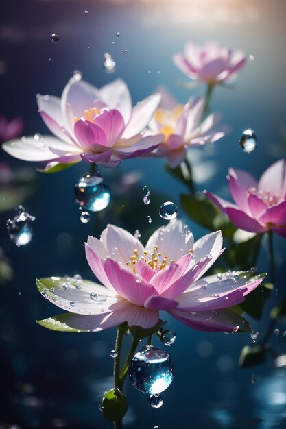 foto premium de una vibrante y colorida flor de loto de nenúfar en un estanque o lago con salpicaduras de agua