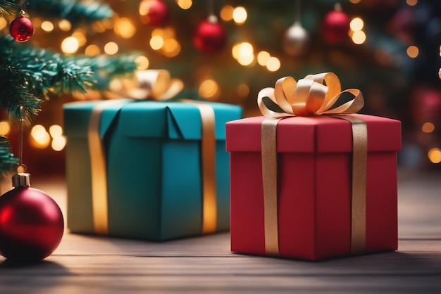 Foto presente cajas de regalo delante del árbol de Navidad fondo de regalo de Navidad
