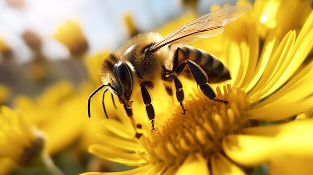 Una foto de un primer plano de una abeja en una flor recoge el polen de la flor