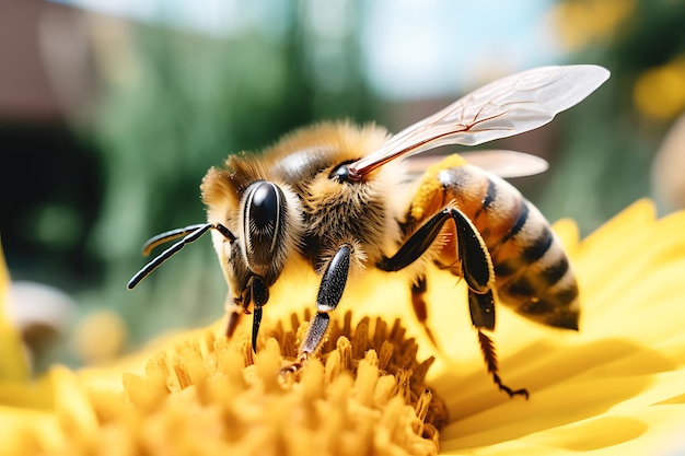 Foto de primer plano de una abeja recogiendo polen de un su