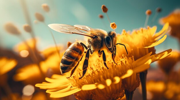 Una foto de un primer plano de una abeja recogiendo polen