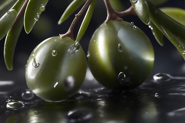 Foto primer plano aceitunas con gotas de agua AI generativa