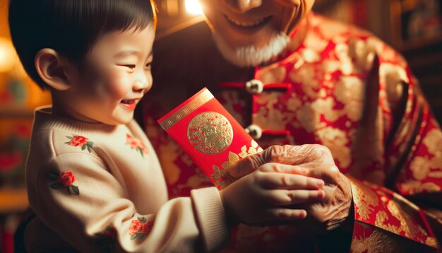 Foto foto en primer plano de un anciano su sonrisa suave y genuina ofreciendo un sobre rojo hongbao adornado con patrones dorados a un niño pequeño