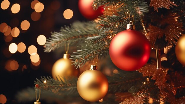Una foto en primer plano del árbol de Navidad decorado con bolas rojas y doradas