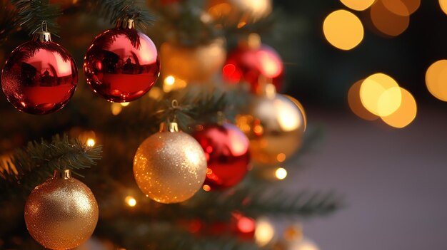 Una foto en primer plano del árbol de Navidad decorado con bolas rojas y doradas