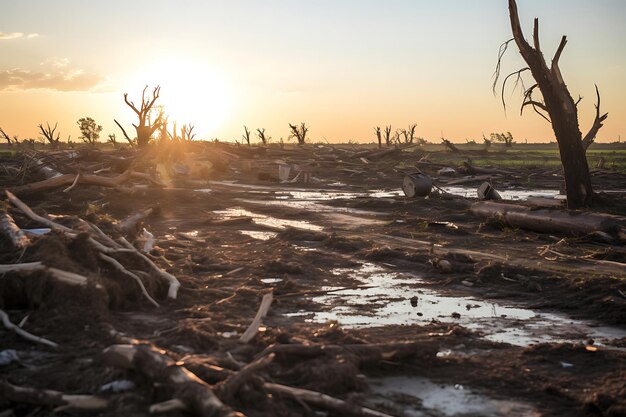 Foto de un primer plano de árboles dañados y escombros después de una