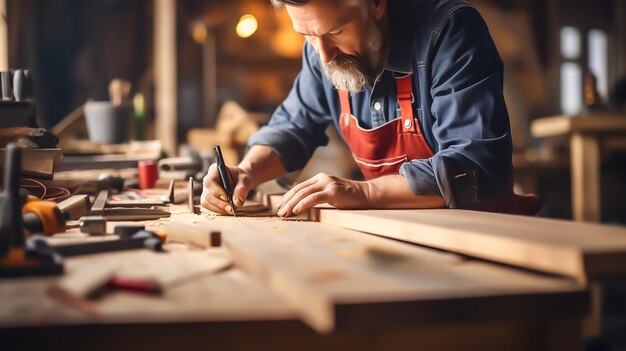 Foto en primer plano de un artesano aserrando una larga tabla de madera generada por IA