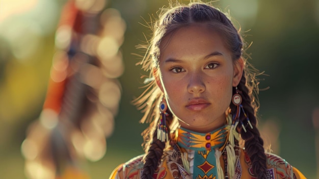 Foto la foto en primer plano de una bailarina adolescente nativa americana mirando a la cámara