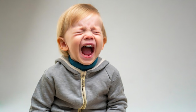 Foto una foto en primer plano de un bebé pequeño lindo llorando y gritando aislado en un fondo blanco