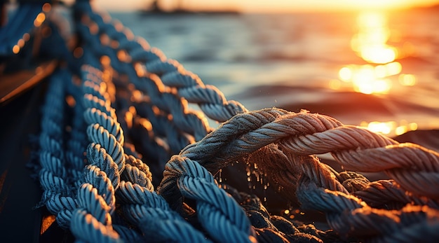 Foto de primer plano de los cables de la nave con el mar