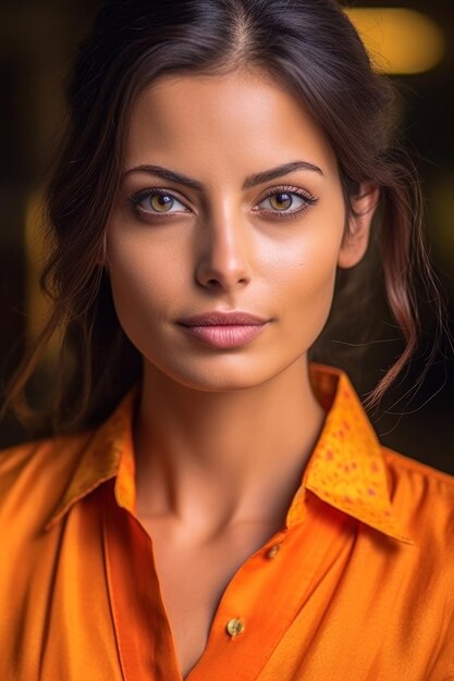 Una foto en primer plano de una camisa naranja con ojos azules de una mujer bonita