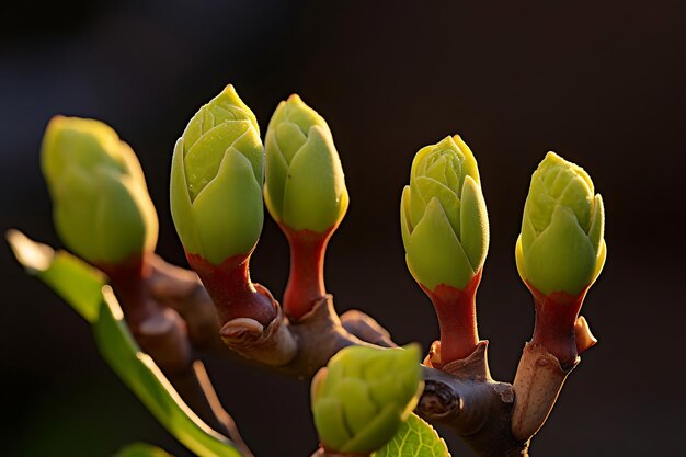 Foto foto de un primer plano de los capullos de los cerezos listos para florecer